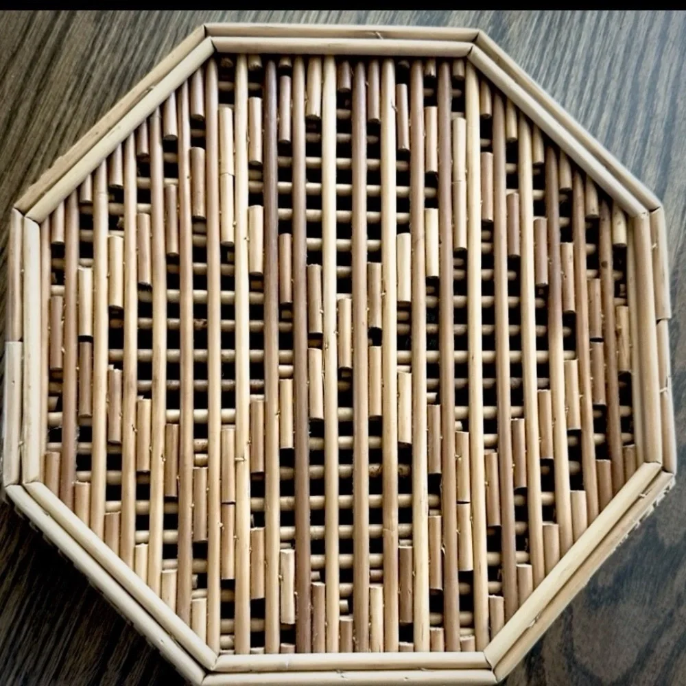 Vintage Octagonal Bamboo Tray Handwoven Boho Coastal Mid Century Decor 8.25”